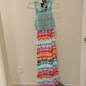 Paper Doll Turquoise Watercolor Stripe Lace Overlay Maxi Dress Size 14 Cool Back